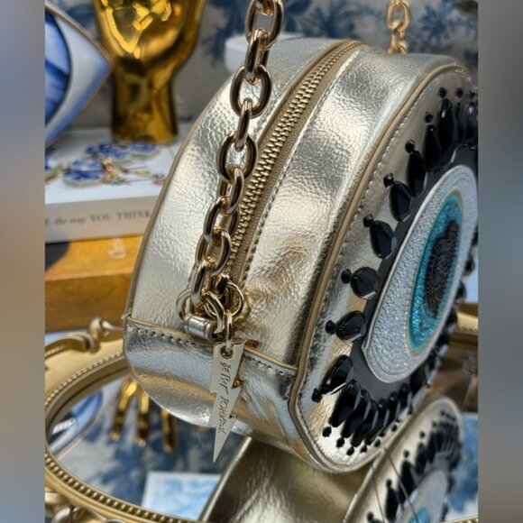 🆕 BETSEY JOHNSON 🧿 NWOT Eyes Have It, Gold Evil Eye Bead Crossbody Bag *FLAW* - Picture 4 of 16